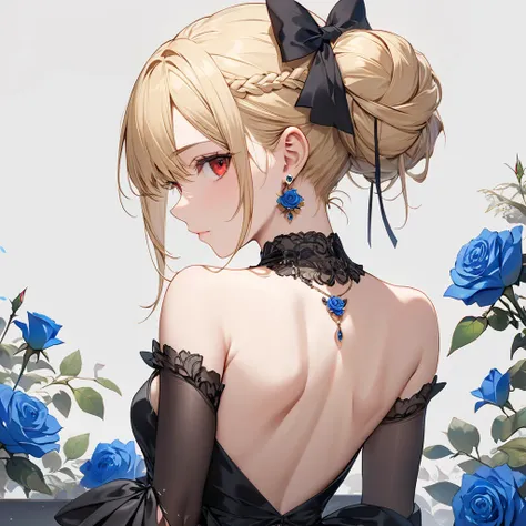 (( Masterpiece)), (( top quality)), (very well detailed ), ((very well detailed )), 4K, (8k),  very aesthetic,   absurd high resolution  ,  female 1 person,  adult woman,  perfect anatomy,  dress, Alone,   blond hair left and right,  red eyes,  hair orname...