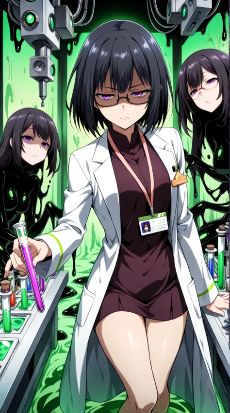 (masterpiece, top quality, highly detailed, incredibly high resolution, high quality anime art), beautiful young woman, (researcher, glasses, white coat, employee badge hanging around neck), (black hair, purple eyes, half-closed eyes, glossy lips, shaded f...