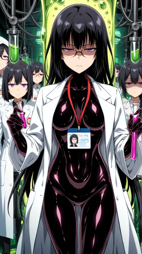 (masterpiece, top quality, highly detailed, incredibly high resolution, high quality anime art), beautiful young woman, (researcher, glasses, white coat, employee badge hanging around neck), (black hair, purple eyes, half-closed eyes, glossy lips, shaded f...