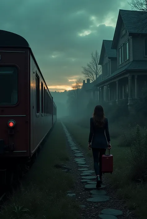 A vintage train arrives at an old, foggy railway station in a small haunted town. The sky is dark, with a slight orange glow from the evening sun. A young woman with a suitcase steps off the train, looking around nervously. The background shows abandoned V...