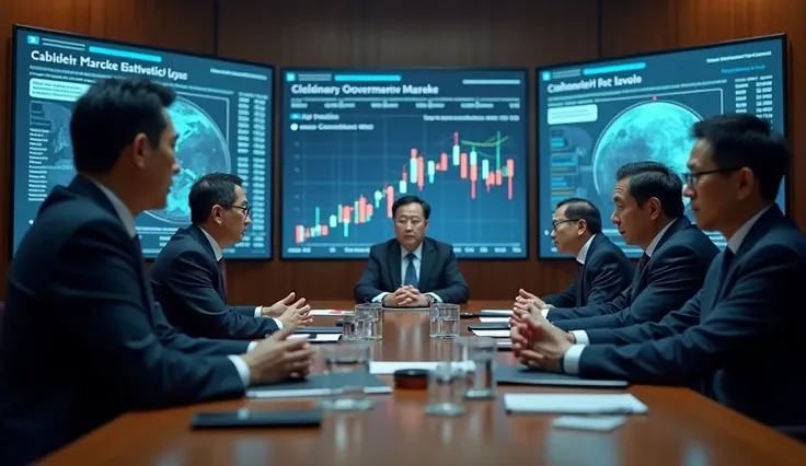 Realistic images of top Japanese and Taiwanese officials in emergency meeting,  with serious expressions and large screens displaying charts of declining stocks