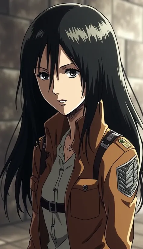 I want a girl in the anime Attack on Titan with the same style as the anime, with long, shiny, wavy black hair that reaches her thighs, with bangs, a scowling face, fangs, and very sharp black eyes. I want her to wear the Survey Corps uniform, have white s...