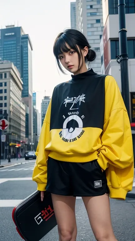   Hi-Res,   boyish,    in the seat,  black hair, Sporty shortcuts,   Asymmetric Hairstyle ,  Asymmetrical bangs,   yellow eyes,  Eyes with three beautifully shaped circles in the middle,  Skater Style Street Fashion, slightly oversized bottoms,  standing, ...