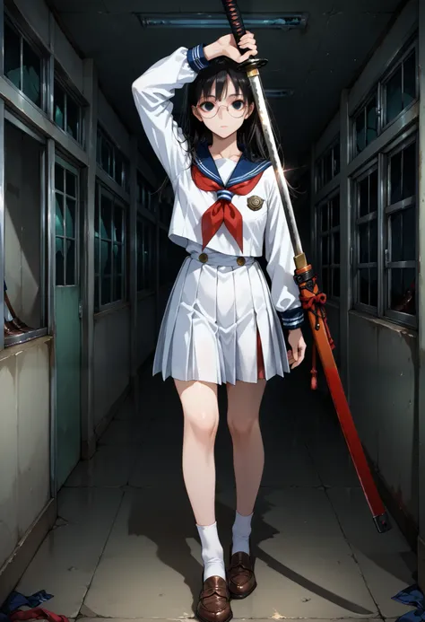 score_9, score_8_up, score_7_up, (horror, dark),(1girl, solo), full body, (black long hair, raids), (black eyes, round glasses, looking at viewer), expressionless, (school uniform, sailor suit, pleated skirt, white sox, brown leather shoes), BREAK (arm up,...