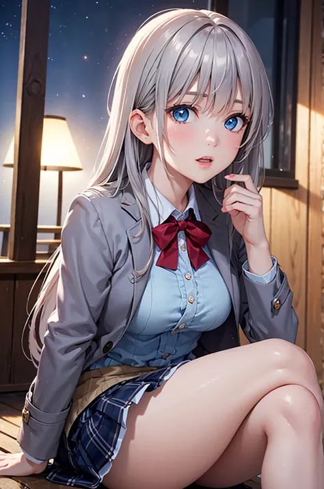  adult woman,  alone,  sexy, 8k resolution,(( top quality)),  ultra high resolution, ( Rugged Expression), ( light blue eyes),  beautiful symmetrical face  , ( long silver hair),coat,Light Armor , skirt by humili,Realistic:1.4, by Nomi:1.4,( Masterpiece:1....