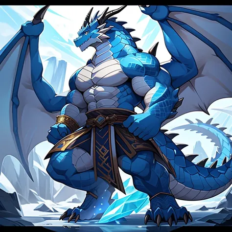 (The violent and powerful Frost Dragon King，  wears a robe woven with ice crystals，Embellished with blue ice gemstones：200)，Strong body的龙形恶魔，( wide dragon body ， huge chest ， majestic wingspan ， sharp and huge dragon claws ， thick iron tail ，Sharp dragon s...