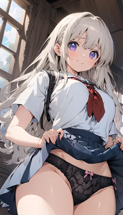 (nsfw:1.3), 1girl, smile, white hair, long hair, cute face, purple eyes, embarrassed, ideal ratio body proportions, perfect anatomy, (curvy:1.3), (from below:1.3), (large chest), (cute school uniform), (Closed your mouth), (from view), (indoor), (stand), (...