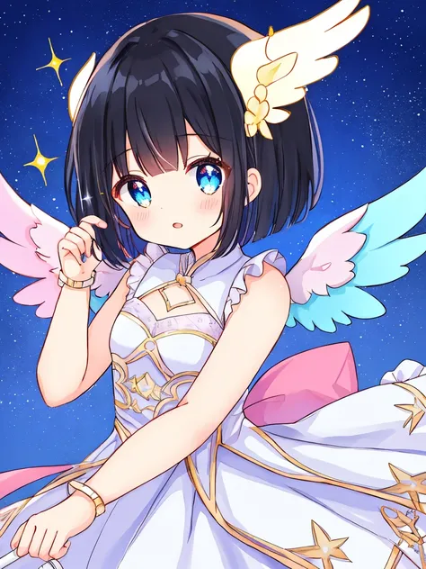  cute girl、delicate、 file、 angel wings on back、A sparkling dress with pink as the main color、Short sword in right hand、 at night、Clear blue sky、 black hair short bob 、 glitter effect,  speed line,  Hi-Res,  top quality,  anatomically correct,  detailed bac...