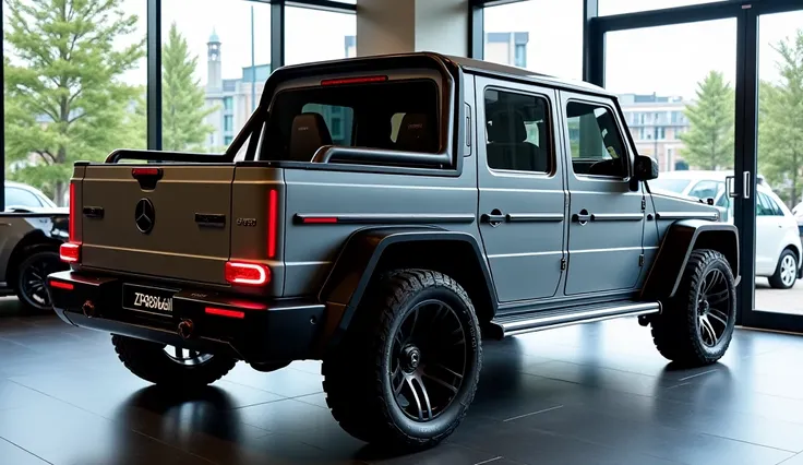      





"A high-performance, modified Mercedes-Benz G-Wagon pickup truck parked in a luxury showroom. The vehicle features an aggressive body kit, custom wide fenders, blacked-out wheels with red accents, and a rugged rear bed. The glossy gray paint ref...