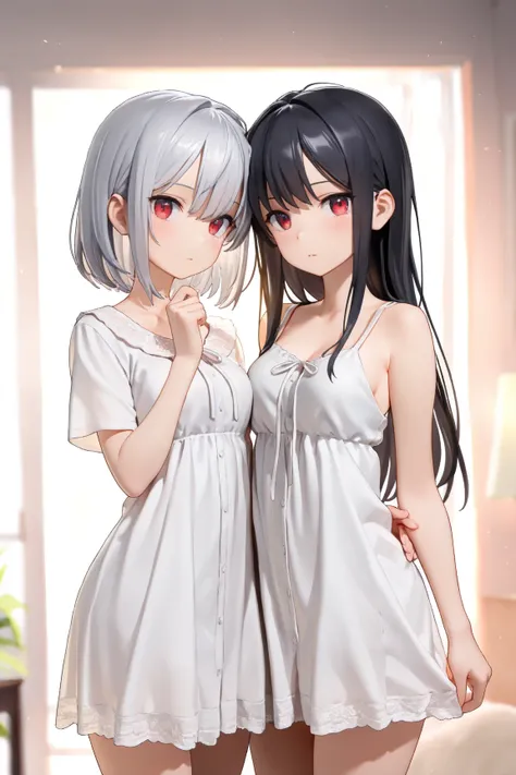 ( masterpiece, best  quality:1.2),  extremely detailed ,   soft ambient lighting , 4K,  quality, 2 girls, One has messy long black hair small breasts and wears a shoulderless shirt, The other has short silver hair with red eyes and big breasts she is weari...