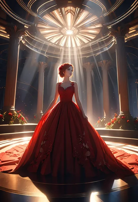 scarlet wedding dress, movie scene  , Warped Space , lens flare, Pillar of Light,  Complex Details,  very detailed, Volumetric Lighting, 4K Rendering, Stock photo,  women are super real ,  Realistic Textures  ,  Dramatic Lighting,  Unreal Engine ,(Moody li...