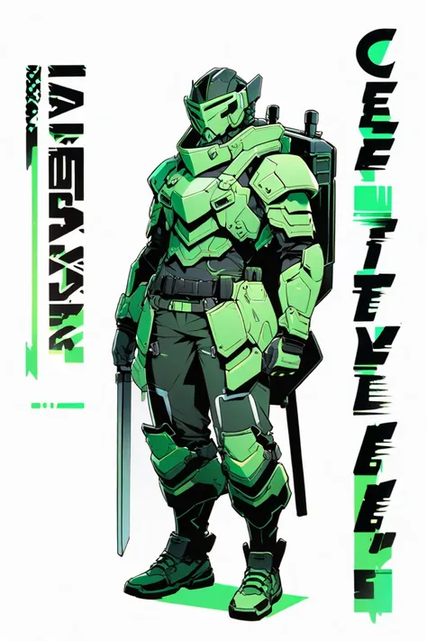  Cyberpunk Ninja Action Novel。solo ninja 。((white background illustration ))。(( full body illustration))。(( Standing))。 cyberpunk mask。Heavy armor costume with armored tiles attached。Equip your lower back with a jet pack。green military style coloring。