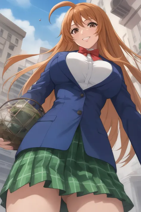 best quality,masterpiece,looking at viewer,absurdres,1girl,score_9,score_8_up,score_7_up,source_anime BREAK natsume aya,orange hair,long hair,brown eyes,ahoge,breasts,white ,skirt,bow,plaid,large breasts,jacket, plaid, green plaid skirt, blue blazer, stand...