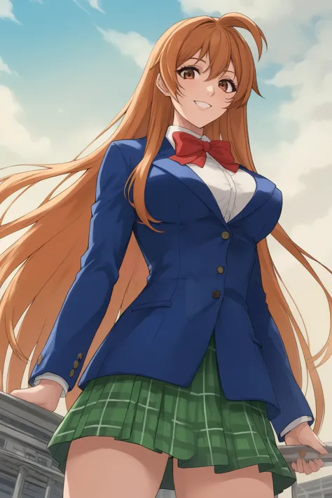 best quality,masterpiece,looking at viewer,absurdres,1girl,score_9,score_8_up,score_7_up,source_anime BREAK natsume aya,orange hair,long hair,brown eyes,ahoge,breasts,white ,skirt,bow,plaid,large breasts,jacket, plaid, green plaid skirt, blue blazer, stand...