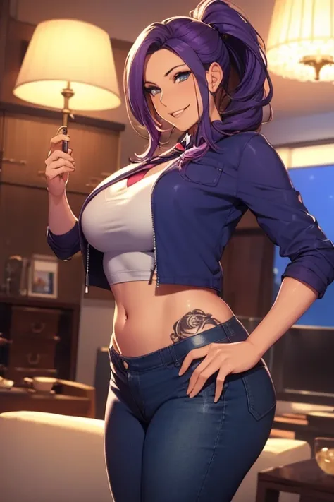 (high quality) Mature woman in her 40's, Long purple hair with blue highlights, blue eyes, blue eyes, lean tonned busty body, big sized round breasts, slightly curvy hips, Sexy Tie Up Crop Top Short Sleeve Deep V Neck, black small unzipped jacket, small ho...