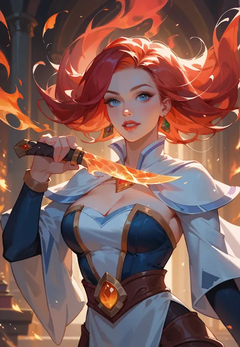 score_9, score_8_up, score_7_up, An outstanding painting of a beautiful white girl, Lina from dota2, flaming, surrounded by flames, ghost knife style, fire-like hair, long red hair, watery blue big eyes, mage robes, magic colors, World of Warcraft style, B...