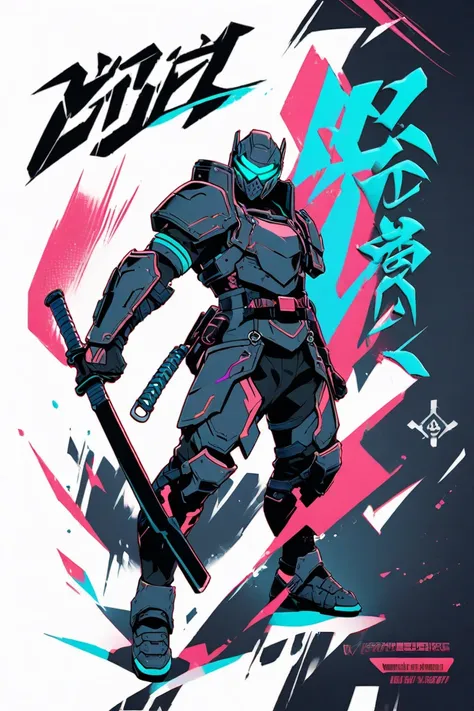  Cyberpunk Ninja Action Novel。solo ninja 。((white background illustration ))。(( full body illustration))。(( Standing))。 cyberpunk mask。Heavy armored ninja costume with armor tiles attached。Equip your lower back with a jet pack。Military-inspired coloring。