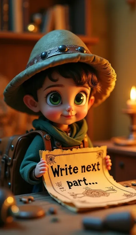 "A cinematic close-up shot of Pip, the tiny explorer, holding a mysterious, ancient-looking map with both hands. The map is slightly worn, with curled edges and cryptic symbols, and at the bottom, bold letters spell out: "Write next part" as an invitation ...