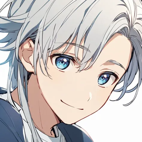 smiling, Upper body close-up, a boy with low-tied, waist-length white hair, blue eyes. He was wearing a white T-shirt and a blue Varsity Jacket over it, cute