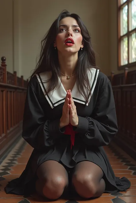 Lesbian s , clothed schoolgirls in stockings pantyhose,  tits,   bud with big breasts,   praying in church on their knees  ,  ahegao face with protruding tongue in photorealism style