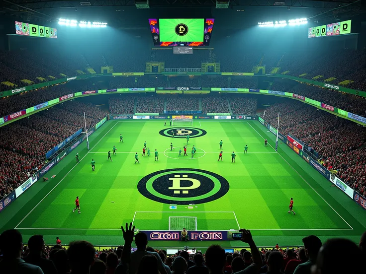 Rugby football match , on stadium is  bilboards with a logo of a Digicoin similar like bitcoin , made a black coin  with green 'D' laying on the middle  , acid style  , drugs colours , high quality detalis , high quality , yellow colours , acid theme , gre...