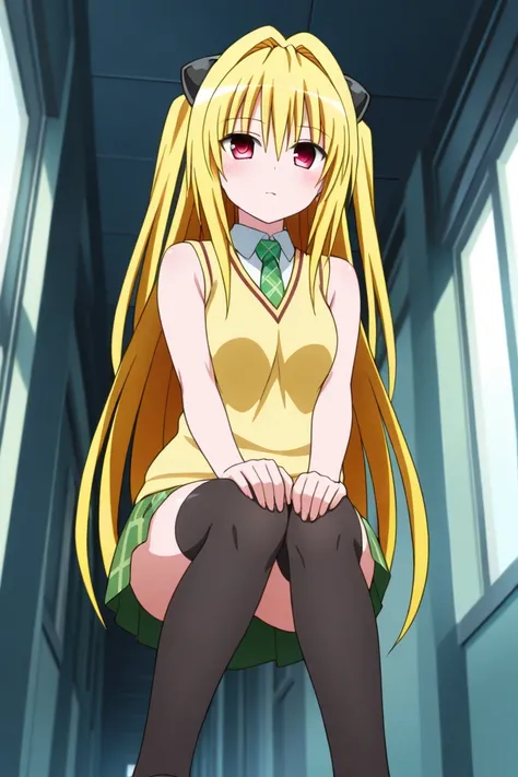  1 girl, one,   long hair,   closed mouth,  in school uniform, green skirt, yellow sleeveless sweater,  white slayer under the sweater, green butterfly tie, black stockings,  open eyes,  embarrassment face, disturbances, reddening , squats, school hallway ...