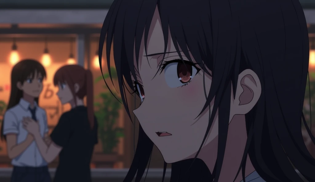 A dramatic anime-style scene at a casual social event: one character, rendered with intense, wistful eyes and soft, diffused lighting, watches from a distance as their crush interacts with someone else—capturing a subtle, yet poignant, hint of jealousy.