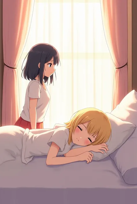 anime girl, blonde hair, in bedroom, lying on the bed, her face on the pillow, young girl, black hair, standing at the entrance talking to her