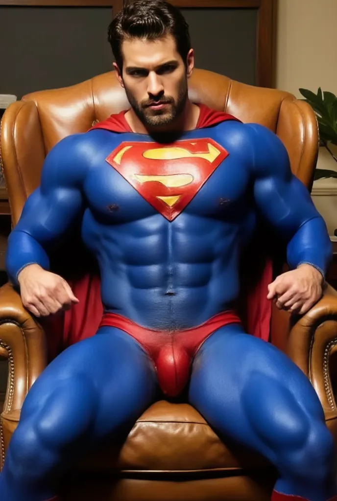 The young daddy, attractive european man, very handsome, dressed in a Superman costume, characterized by a blue suit with a large red and yellow 'S' emblem on the chest. He has short, dark hair, Short stubble, light skin ,Dad sit back against the chair and...