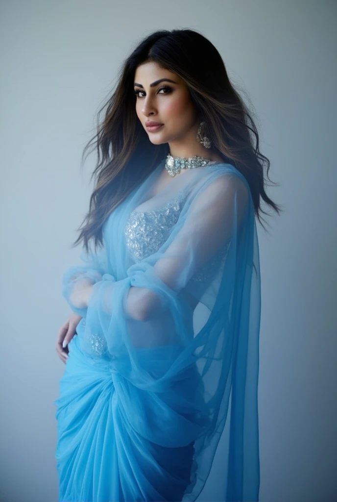 Mouni roy wearing blue transparent saree 