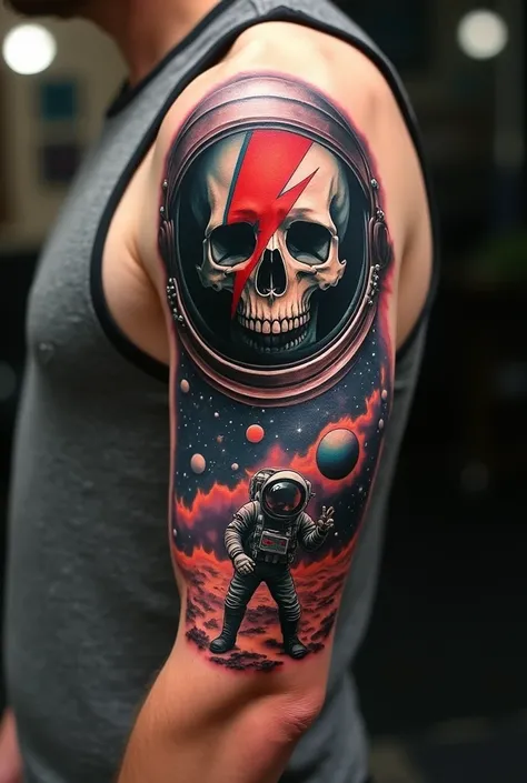  I would like you to design a tattoo for me like a professional .  The tattoo has to go from shoulder to elbow .  On the top you can see the skull of an astronaut with his helmet uncovered.  The skull is painted with David Bowie's famous lightning .  On th...