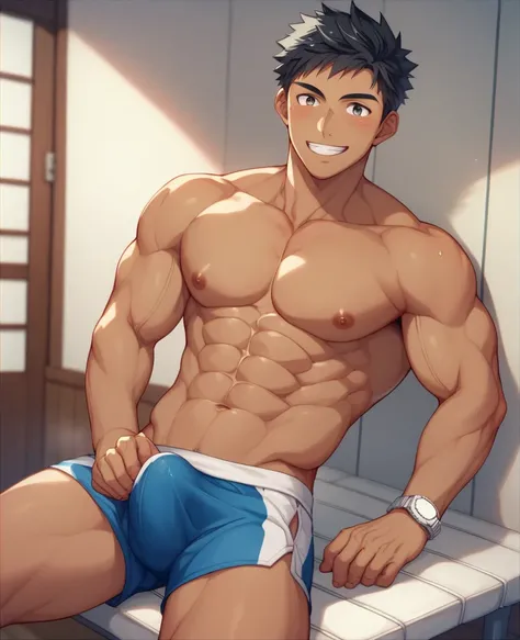  anime image quality、 male、 handsome、 brown skin、 black hair、Short Hair、Topless、 muscles、swimming、Bread competition、erection、 dressing room、 is changing clothes 、smile、 Watch Viewers 、他の男子生徒も is changing clothes 