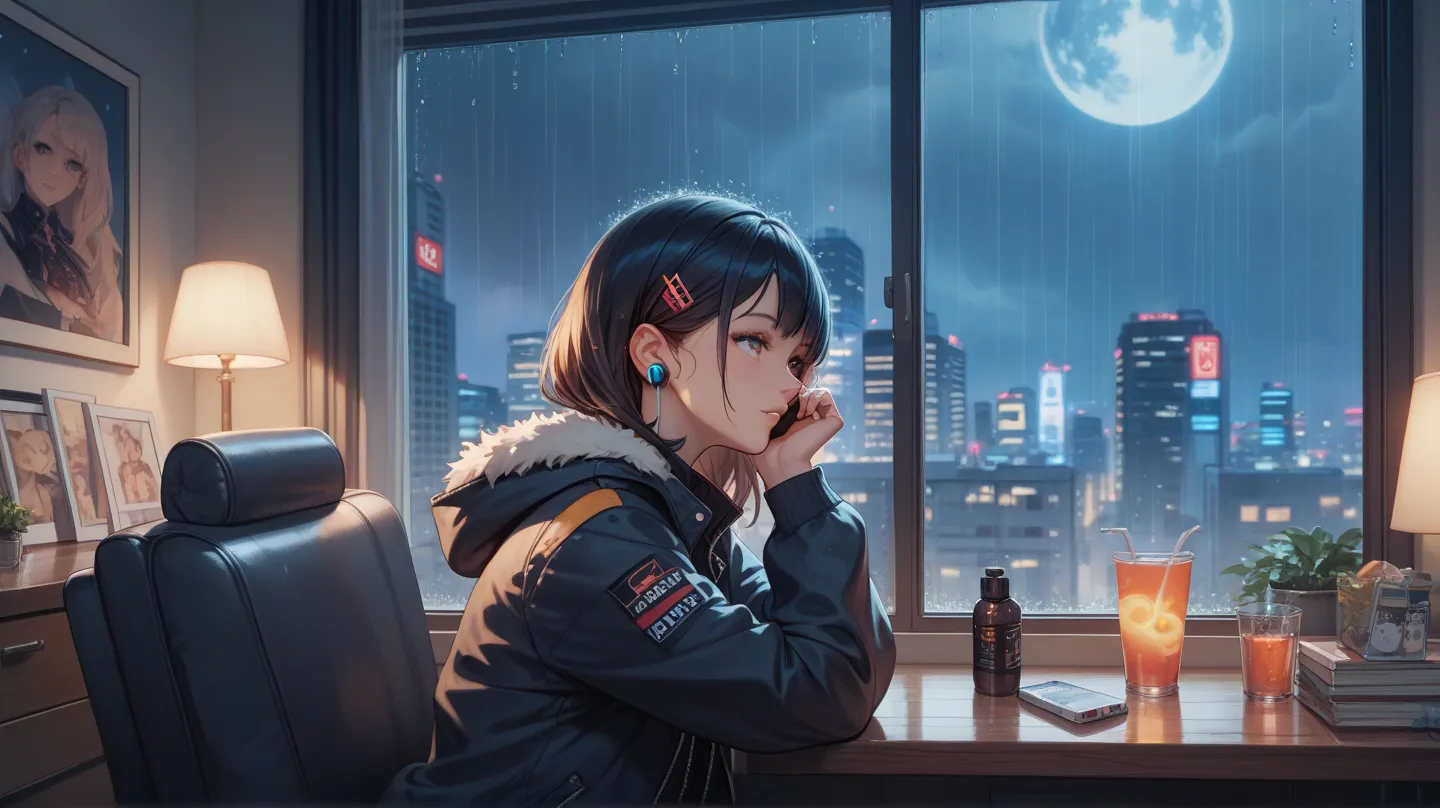 Draw a picture of a woman wearing a jacket and earphones looking at the view of Tokyo city through an open window on a rainy night. From inside the room there are items as usual in the room. create in ultra 8k anime style.