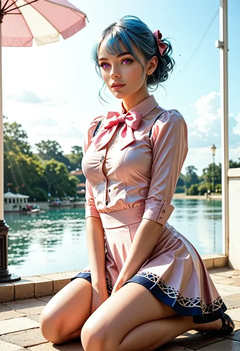 ( Details beautiful eyes and  Details face, masterpiece side light, masterpiece,  top quality ,  Details,  High Resolution Illustration ), ( 1 woman ,  pretty girl,  Glossy Skin ), ( Sky Blue Hair ,  Pink Eyes, skirt, ribbon, button shirt)( kneeling on the...