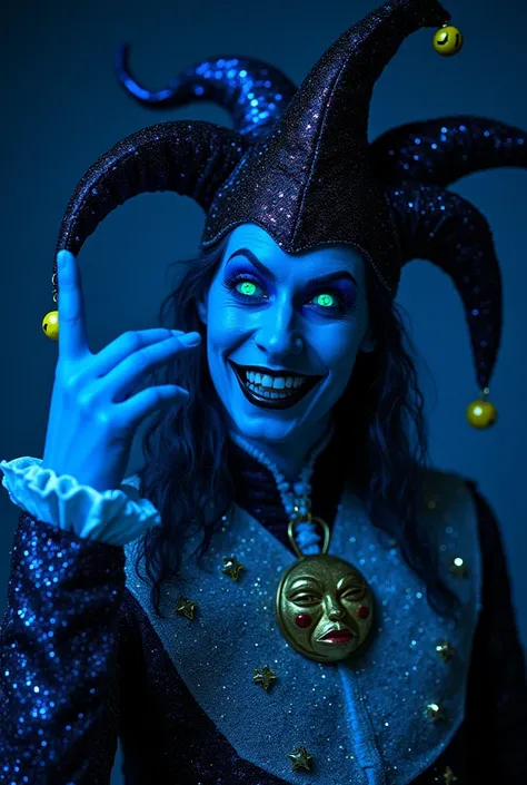 a villain that wears a bright blue and black glittery glow in the dark jester outfit with glittery yellow bells on his jester hat and sleeves. He also has on white gloves. Him also having a bright blue glittery medallion that's shaped like a Comedy mask th...