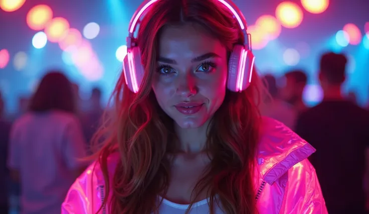 scene: a nightclub, best quality, 8k. beautiful young woman, long hair, blue eyes. Wears large headphones with pink LED lights. She is wearing a white blouse and a neon pink holographic jacket... She looks directly at the camera with a confident and happy ...