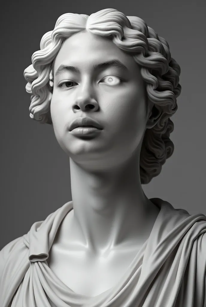 Black and white template with the face slightly rotated to the left side and looking up of a Greek goddess style ancient marble statue with eyes in white