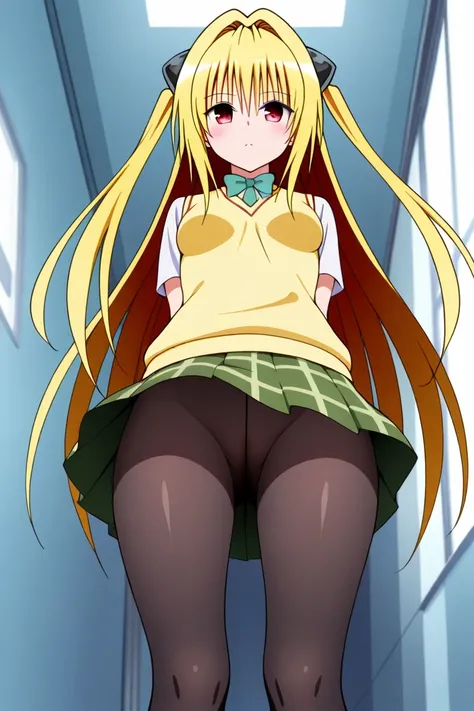  1 girl, one,   long hair,   closed mouth,  in school uniform, green skirt, yellow sleeveless sweater,  white slayer under the sweater, green butterfly tie, black stockings,  open eyes,  embarrassment face, disturbances, reddening ,  lifting a skirt with t...