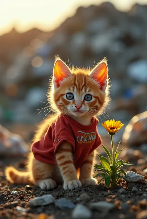  A red kitten in a torn shirt is kneeling near a small yellow flower,  sprouting through the garbage in the landfill . The kitten looks hopeful ,  and in the background are heaps of garbage with dim sunlight .