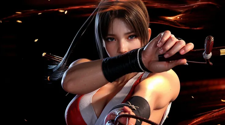 Mai Shiranui, (best quality, Ultra-detailed), (realistic:1.37), beautiful and detailed face, Ultra-realistic texture, Delicate face, Red lipstick, long-lasting colors. high definition, 8k. your expression is sexy and seductive.