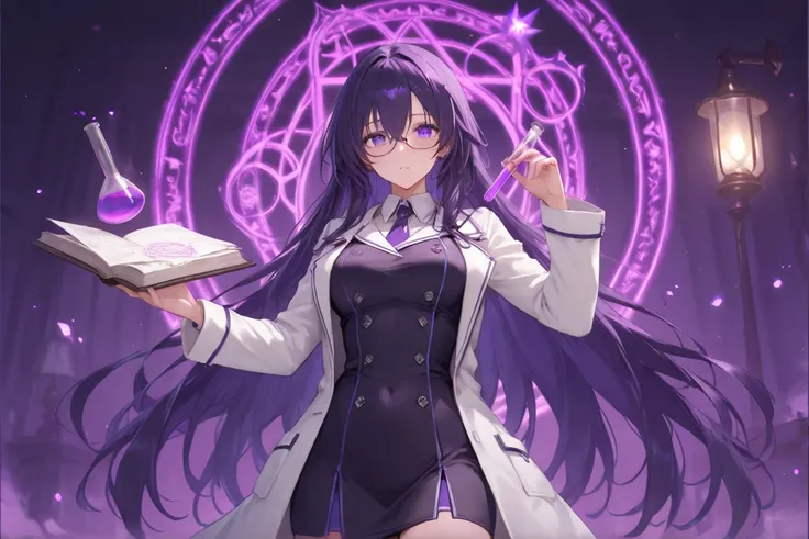 Background dark Secret Laboratory,chemical,dark violet magic circle.dark atomosphere,
solo,1 girl,exam of risky secret medicine.white coat,flask,test tube,lamp,
masterpiece,highres,best quality,ultra detailed game cg.official art.