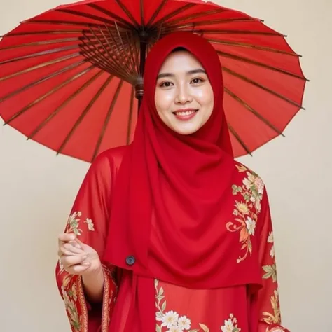 Red chinese dress, 1girl, Indonesian Chinese Female, solo, Hijab, Long Hijab, upper body, smile, parasol, mature female,