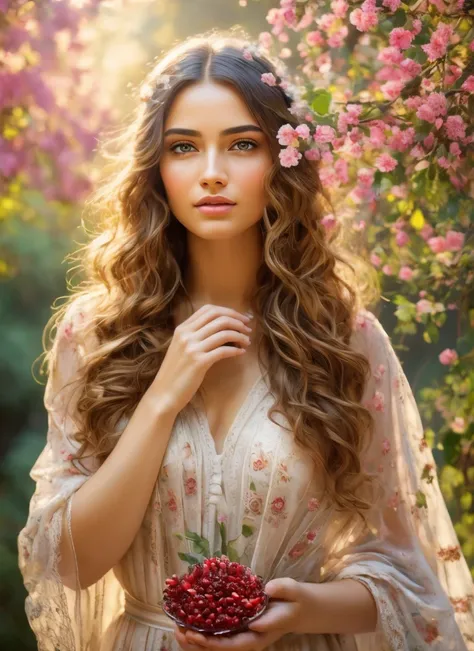 A beautiful young woman with delicate facial features, flowing hair, and a serene expression, pouring fresh pomegranate juice onto her hand in a lush, vibrant garden setting, (best quality, 8k, highres, masterpiece:1.2), ultra-detailed, (realistic, photore...