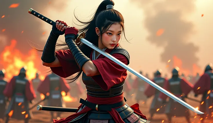 Japan Female Samurai、Photorealistic of  Female warriors of the Sengoku period、not wearing a helmet、Scene of fierce fighting、There are many people fighting around、Flames are rising all around、Sense of presence。Real、Genuine、26 age、Black Hair. make up, red li...