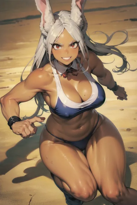 perfect anatomy, mirkomha, boku no hero academia,  1girl, solo,  dark skinned women, Dark Skin, Big Breasts,  abs, clavicle, gap,  thighs,  Rabbit Ears,  rabbit girl, Gray Hair,  long hair,  Muscular Women,  red eyes, ((Combat Stance)), fearless smile