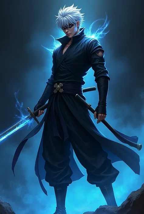 A powerful anime-style warrior with silver-white hair and a blindfold, wearing a sleek black battle outfit. He wields a glowing blue katana, standing in a dramatic battle-ready pose with an aura of mystical energy surrounding him. The background is dark wi...