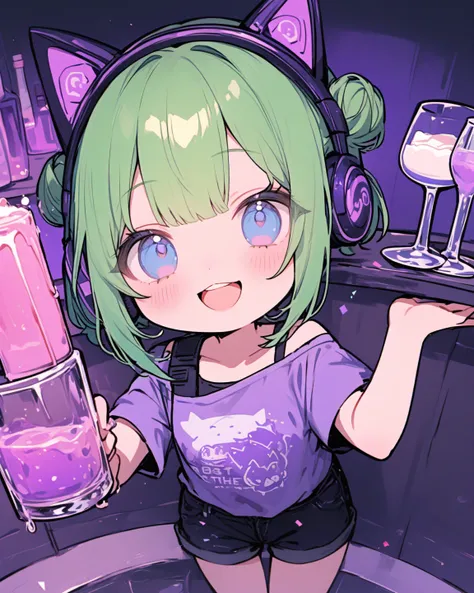 ( absurd, Hi-Res,8k)( 1 girl,solo, chibi), green hair, shortcut twin bun hair, blue eyes,purple cat ear headphones,smile, look, off-the-shoulder t-shirt with pink open lips, shorts,Alcohol,Make a toast,Party,Just above the shoulder, bright