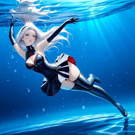 1 girl, 2b nier automata, ( Full Body:1.5), (obra maestra:1.3), ( the best quality:1.2), (obra maestra),  high quality,  high definition, (face up:1.2), (( dynamic pose, floating under the water, body on side,  view at a diagonal angle ,  one bent leg and ...