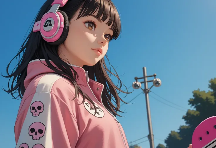 Long straightened black hair with bangs, thin arc eyebrowed, brown eyed, small nosed, full lipped, shaped faced, grinning lady is standing in a skate park, alone at midnight, she wears grey baggy track pants, pink skull patterned crop, pink headphones on h...