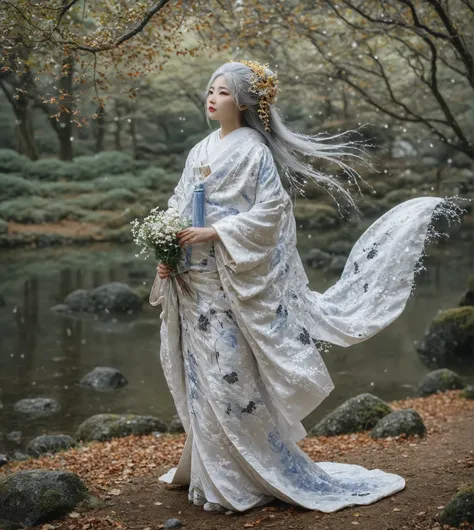 On a moonlit night, a mysterious Yuki-onna stands in a quiet, snowy forest. Her long, flowing silver hair contrasts with her pale skin, faintly glowing in the moonlight. Yuki-onna wears a traditional white kimono embroidered with delicate ice patterns like...